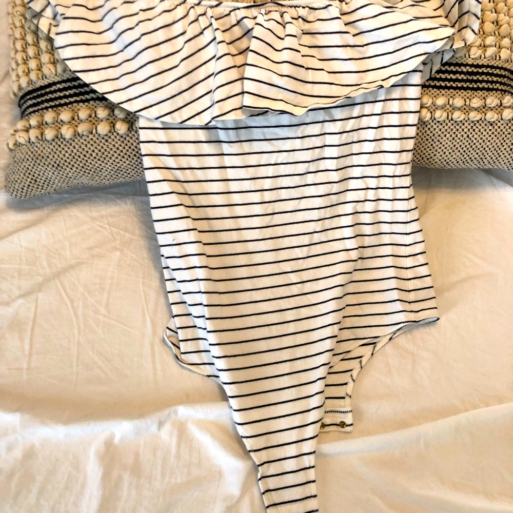 J Crew white and black off the shoulder body suit